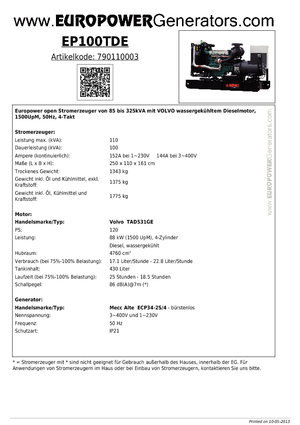 Naftové elektrocentrály Europower EP100TDE (MA)