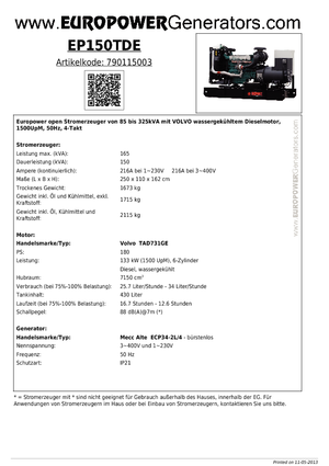 Naftové elektrocentrály Europower EP150TDE (MA)