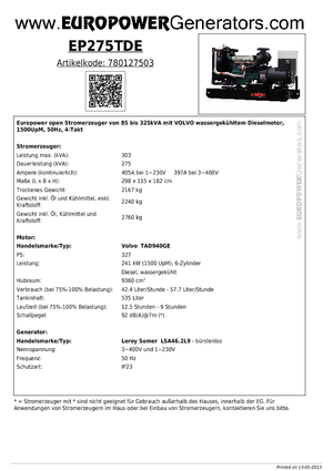 Naftové elektrocentrály Europower EP 275 TDE (LS)
