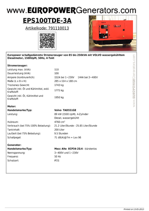 Naftové elektrocentrály Europower EPS100TDE-3A (MA)