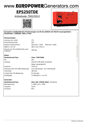 Naftové elektrocentrály Europower EPS250TDE (MA)