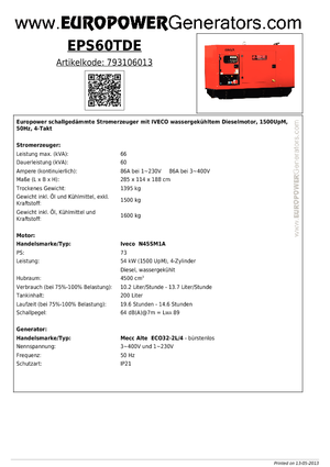 Naftové elektrocentrály Europower EPS60TDE (MA)