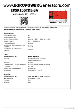 Naftové elektrocentrály Europower EPSR100TDE-3A (MA)