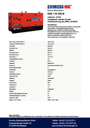Naftové elektrocentrály Endress ESE 110 DW-B