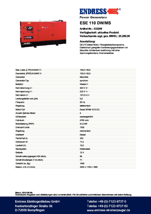 Naftové elektrocentrály Endress ESE 110 DW-MS