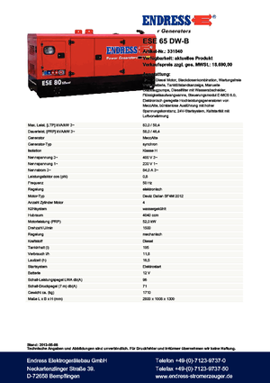 Naftové elektrocentrály Endress ESE 65 DW-B