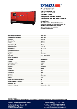 Naftové elektrocentrály Endress ESE 80 DW-AS