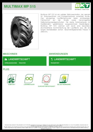 Pneumatiky pro zemědělské stroje BKT MULTIMAX MP 515 405/70 R 20 MPT