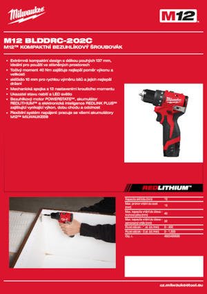 Akumulátorové vrtačky a vrtací šroubováky Milwaukee M12 BLDDRC-202C