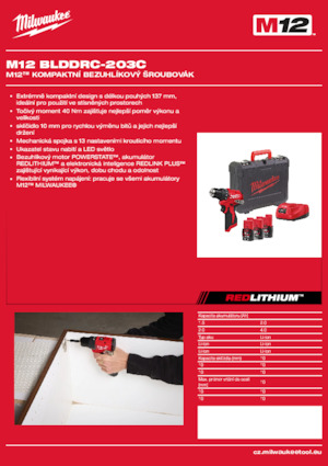 Akumulátorové vrtačky a vrtací šroubováky Milwaukee M12 BLDDRC-203C