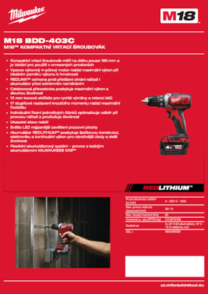 Akumulátorové vrtačky a vrtací šroubováky Milwaukee M18 BDD-403C
