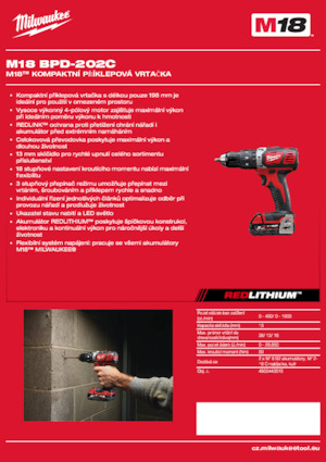 Akumulátorové vrtačky a vrtací šroubováky Milwaukee M18 BPD-202C