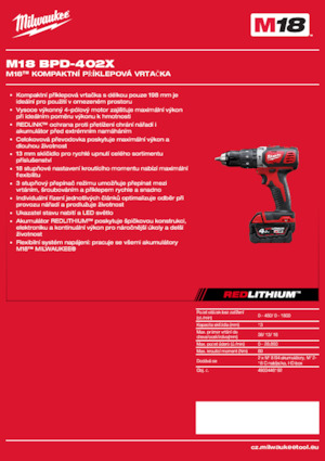 Akumulátorové vrtačky a vrtací šroubováky Milwaukee M18 BPD-402X