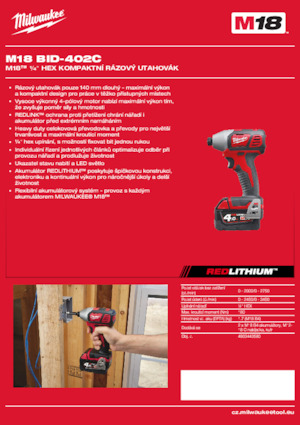 Akumulátorové rázové utahováky a šroubováky Milwaukee M18 BID-402C