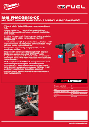 Akumulátorová vrtací kladiva SDS Milwaukee M18 FHACO540-0C