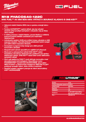 Akumulátorová vrtací kladiva SDS Milwaukee M18 FHACO540-122C