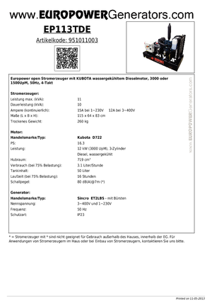 Naftové elektrocentrály Europower EP113TDE (S)