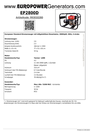 Naftové elektrocentrály Europower EP2800D (MA)