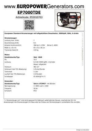Naftové elektrocentrály Europower EP7000TDE (S)