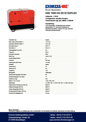 Naftové elektrocentrály Endress ESE 1008 HG ES Duplex Silent