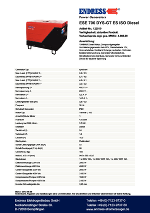 Naftové elektrocentrály Endress ESE 706 DYS-GT ES ISO DI