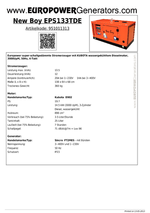 Naftové elektrocentrály Europower New Boy EPS133TDE (S)