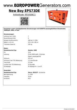 Naftové elektrocentrály Europower New Boy EPS73DE (S)