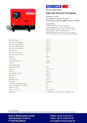 Benzínové elektrocentrály Endress ESE 608 DYS-GT ES DI