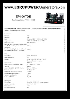 Naftové elektrocentrály Europower EP100TDE (MA)