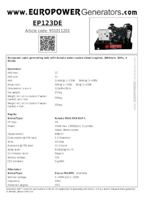 Naftové elektrocentrály Europower EP123DE (S)