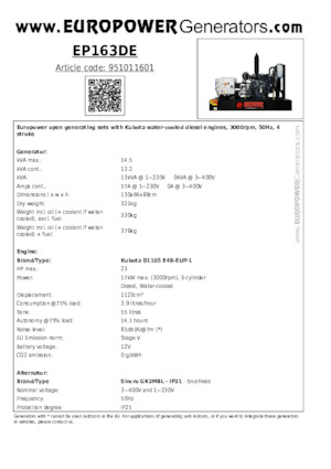 Naftové elektrocentrály Europower EP163DE (S)