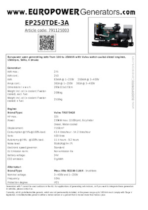 Naftové elektrocentrály Europower EP250TDE-3A (MA)