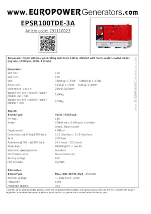 Naftové elektrocentrály Europower EPSR100TDE-3A (MA)