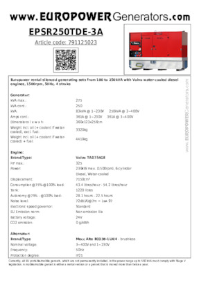 Naftové elektrocentrály Europower EPSR250TDE-3A (MA)