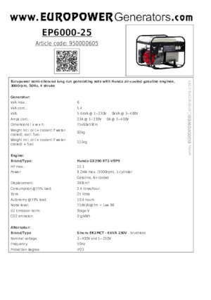Benzínové elektrocentrály Europower EP6000-25 (S)