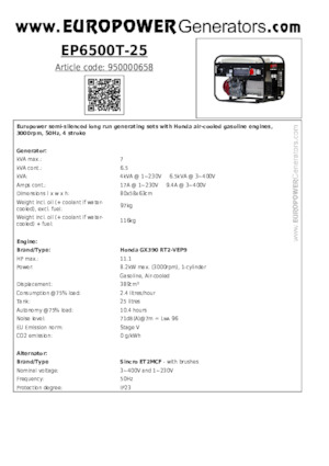 Benzínové elektrocentrály Europower EP6500T-25 (S)