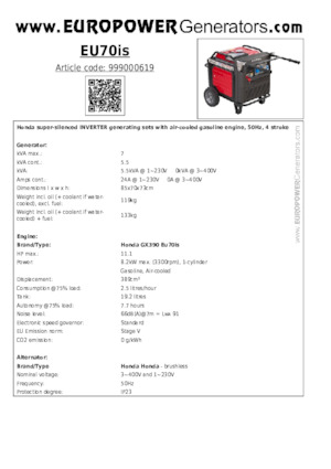 Benzínové elektrocentrály Europower EU70is