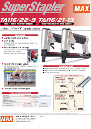 Hřebíkovačky a Sponkovačky MAX USA CORP. TA116A/22-9
