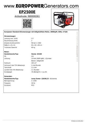 Benzínové elektrocentrály Europower EP 2500 E (LS)
