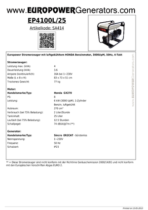 Benzínové elektrocentrály Europower EP 4100 L