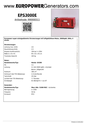 Benzínové elektrocentrály Europower EPS 3000 E (MA)
