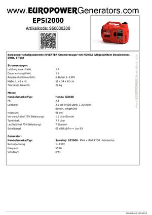 Benzínové elektrocentrály Europower EPSi2000 (Sa)
