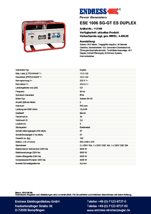 Benzínové elektrocentrály Endress ESE 1006 SG-GT ES Duplex