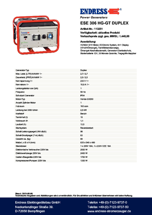Benzínové elektrocentrály Endress ESE 306 HG-GT Duplex