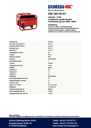 Benzínové elektrocentrály Endress ESE 306 HS-GT