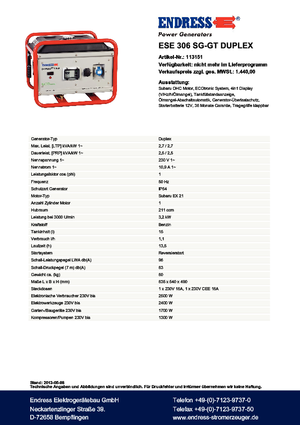 Benzínové elektrocentrály Endress ESE 306 SG-GT Duplex