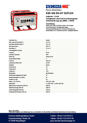 Benzínové elektrocentrály Endress ESE 406 SG-GT Duplex
