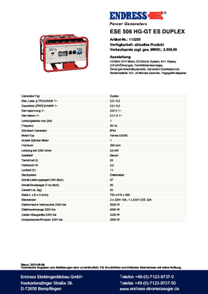 Benzínové elektrocentrály Endress ESE 506 HG-GT ES Duplex