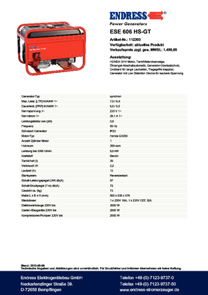 Benzínové elektrocentrály Endress ESE 606 HS-GT
