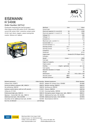 Benzínové elektrocentrály Eisemann H 5400  E